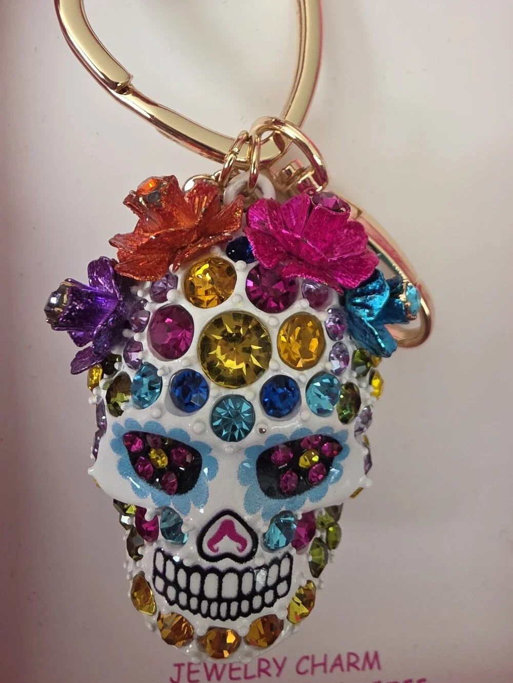 New Betsey Johnson Multicolor Crystal Sugar Skull Keychain